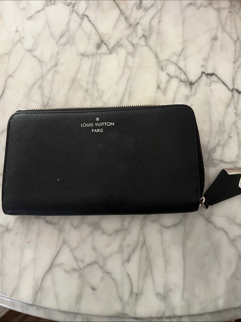 Louis Vuitton Black Leather Zip-Around Wallet with Silver Hardware